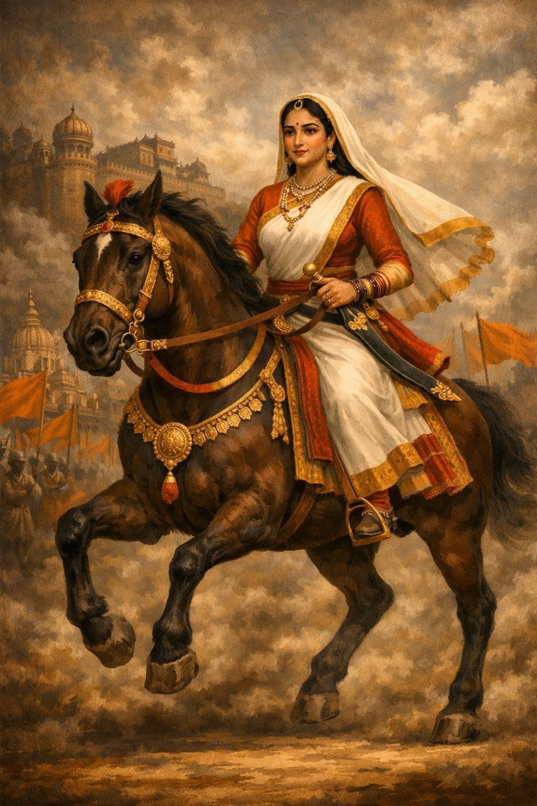 Rani Ahilyabai Holkar on horseback