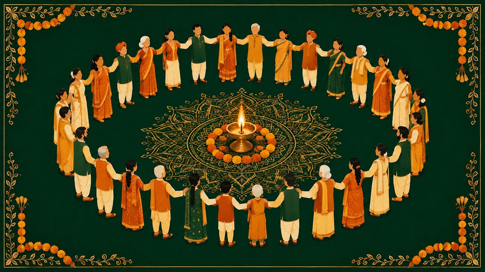 Illustration of Pal Samaj families gathered in a circle around a lit lamp