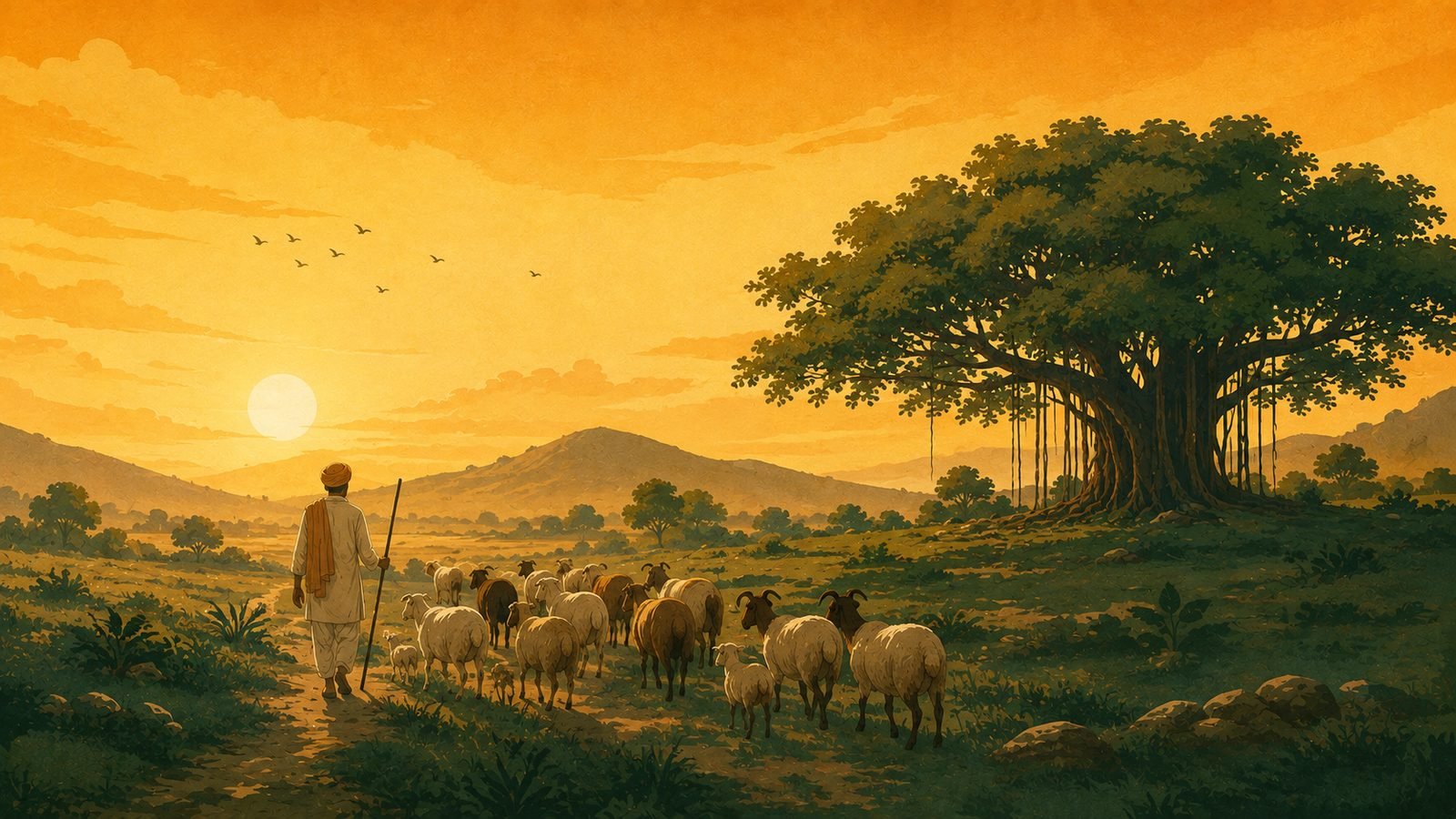 Our Story Illustration of a herder with his flock at dawn, representing Pal Samaj pastoral heritage